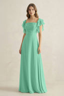 Ruffled Sleeves A-Line Chiffon Bridesmaid Dress in Turquoise - KissProm BRIDESMAID DRESSES