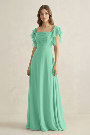Ruffled Sleeves A-Line Chiffon Bridesmaid Dress in Turquoise - KissProm BRIDESMAID DRESSES