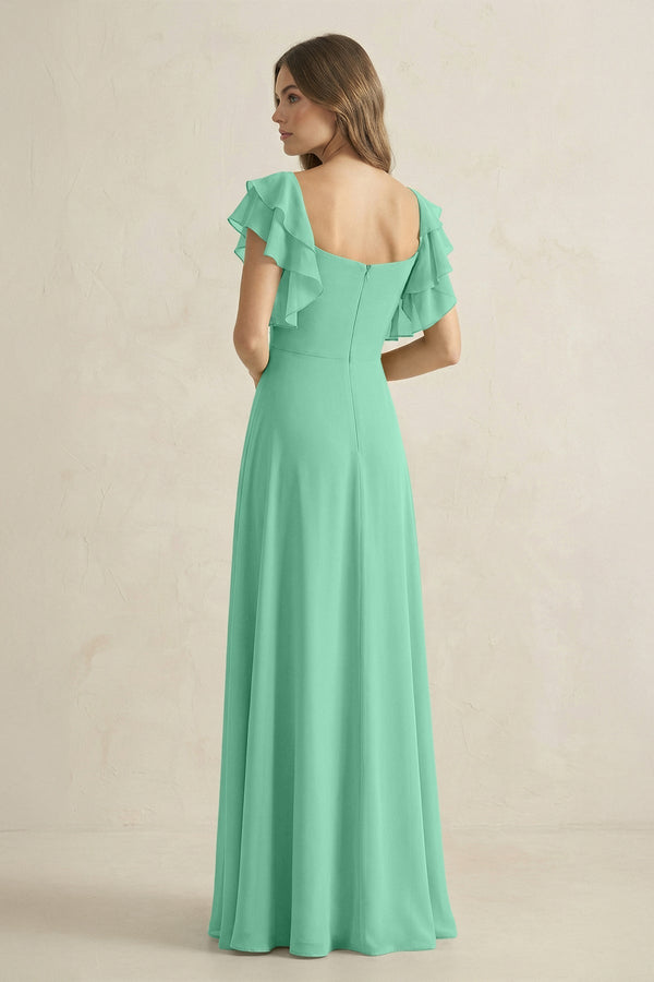 Ruffled Sleeves A-Line Chiffon Bridesmaid Dress in Turquoise - KissProm BRIDESMAID DRESSES