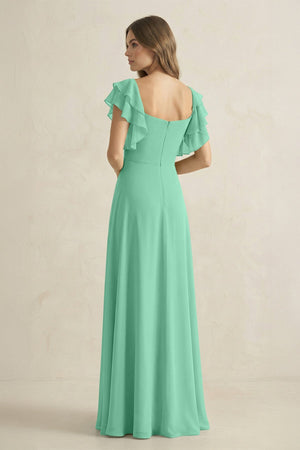 Ruffled Sleeves A-Line Chiffon Bridesmaid Dress in Turquoise - KissProm BRIDESMAID DRESSES