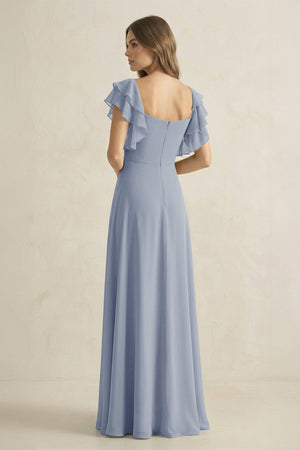 Ruffled Sleeves A-Line Chiffon Bridesmaid Dress in Twilight - KissProm BRIDESMAID DRESSES