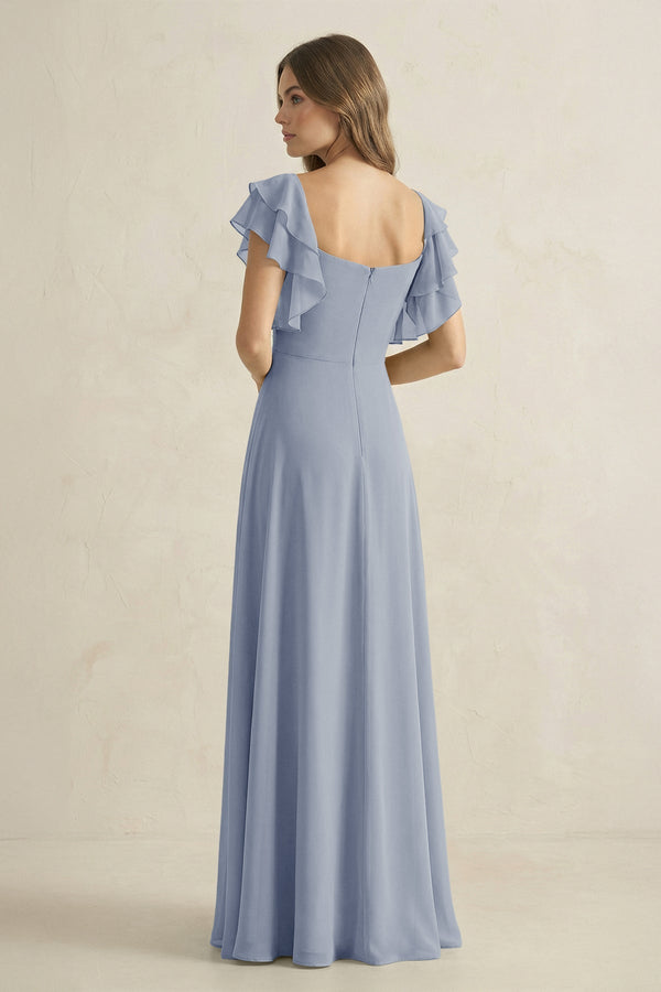 Ruffled Sleeves A-Line Chiffon Bridesmaid Dress in Twilight - KissProm BRIDESMAID DRESSES