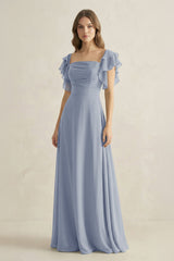 Ruffled Sleeves A-Line Chiffon Bridesmaid Dress in Twilight - KissProm BRIDESMAID DRESSES