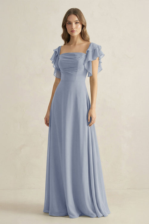Ruffled Sleeves A-Line Chiffon Bridesmaid Dress in Twilight - KissProm BRIDESMAID DRESSES