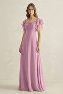 Ruffled Sleeves A-Line Chiffon Bridesmaid Dress in Vintage Mauve - KissProm BRIDESMAID DRESSES