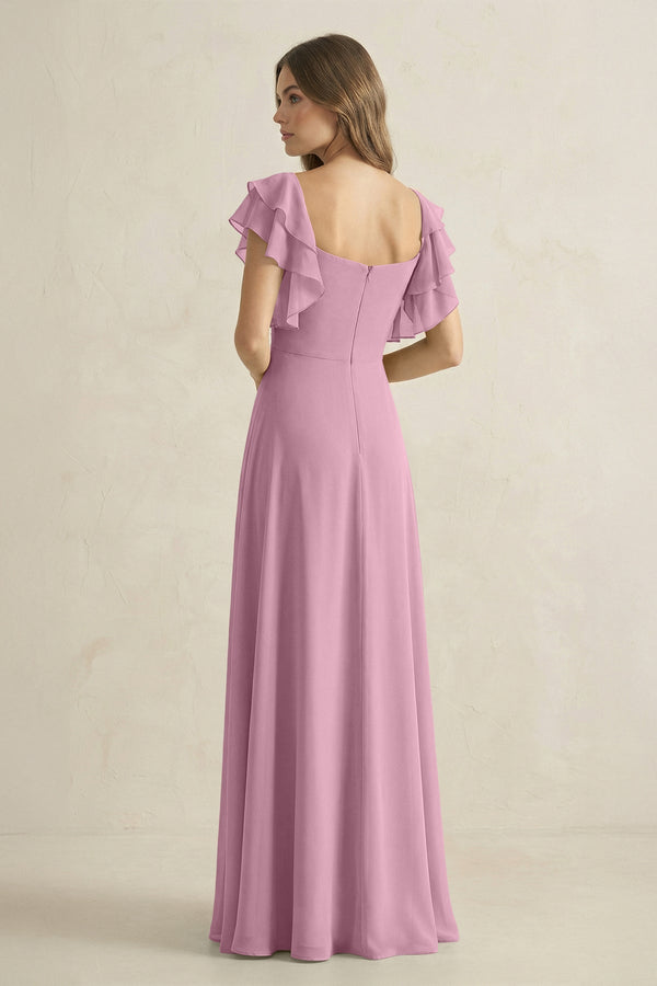 Ruffled Sleeves A-Line Chiffon Bridesmaid Dress in Vintage Mauve - KissProm BRIDESMAID DRESSES