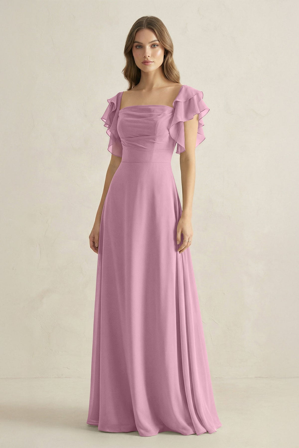 Ruffled Sleeves A-Line Chiffon Bridesmaid Dress in Vintage Mauve - KissProm BRIDESMAID DRESSES