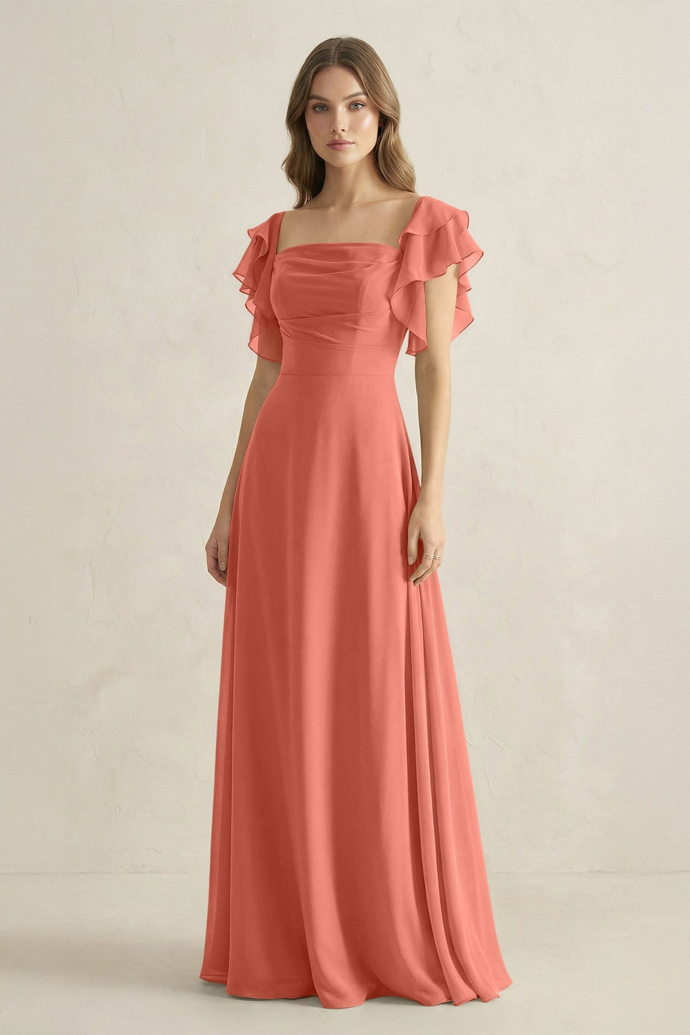 Ruffled Sleeves A-Line Chiffon Bridesmaid Dress in Wild Rose - KissProm BRIDESMAID DRESSES