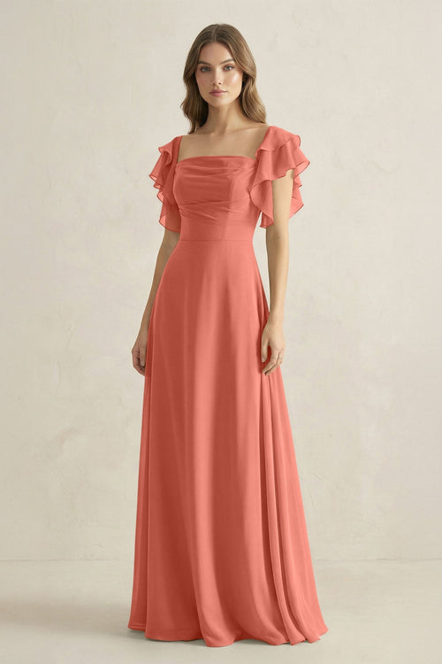 Ruffled Sleeves A-Line Chiffon Bridesmaid Dress in Wild Rose - KissProm BRIDESMAID DRESSES