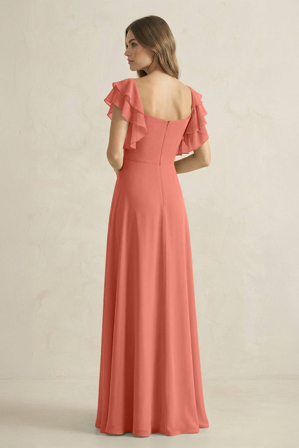 Ruffled Sleeves A-Line Chiffon Bridesmaid Dress in Wild Rose - KissProm BRIDESMAID DRESSES