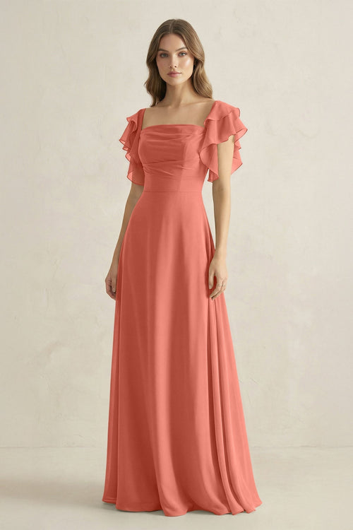 Ruffled Sleeves A-Line Chiffon Bridesmaid Dress in Wild Rose - KissProm BRIDESMAID DRESSES