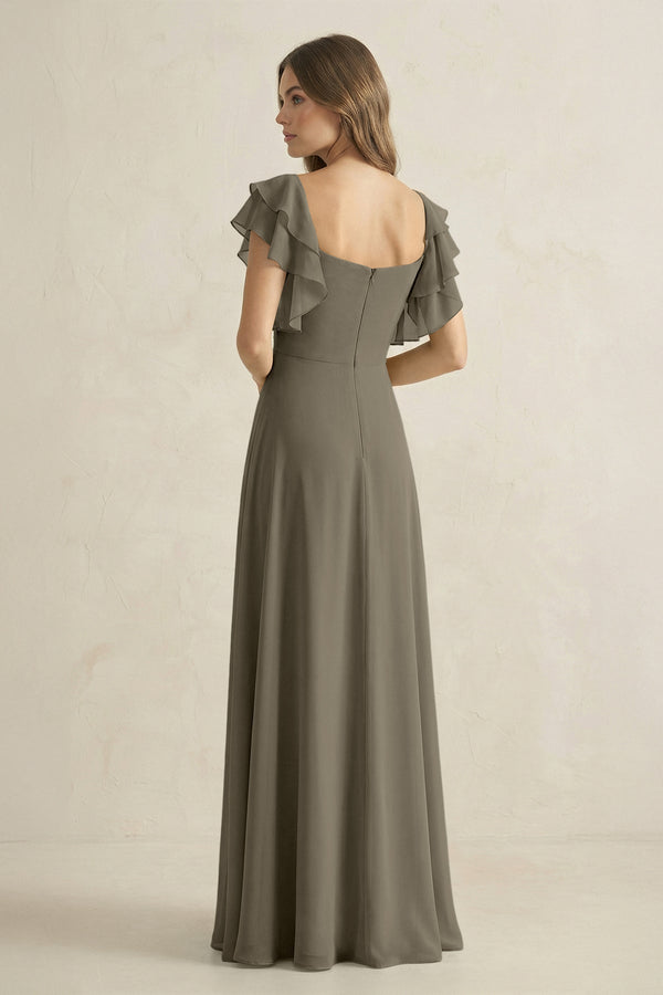 Ruffled Sleeves A-Line Chiffon Bridesmaid Dress in Willow Green - KissProm BRIDESMAID DRESSES