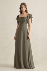 Ruffled Sleeves A-Line Chiffon Bridesmaid Dress in Willow Green - KissProm BRIDESMAID DRESSES