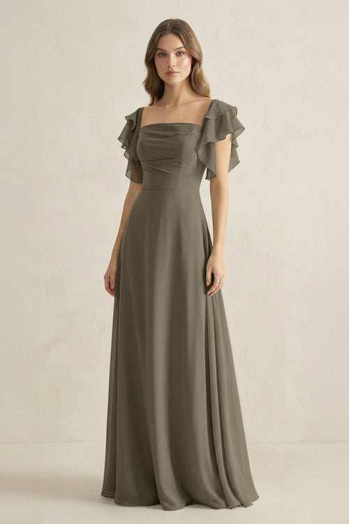Ruffled Sleeves A-Line Chiffon Bridesmaid Dress in Willow Green - KissProm BRIDESMAID DRESSES