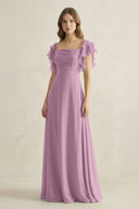 Ruffled Sleeves A-Line Chiffon Bridesmaid Dress in Wisteria - KissProm BRIDESMAID DRESSES