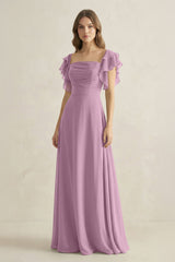 Ruffled Sleeves A-Line Chiffon Bridesmaid Dress in Wisteria - KissProm BRIDESMAID DRESSES