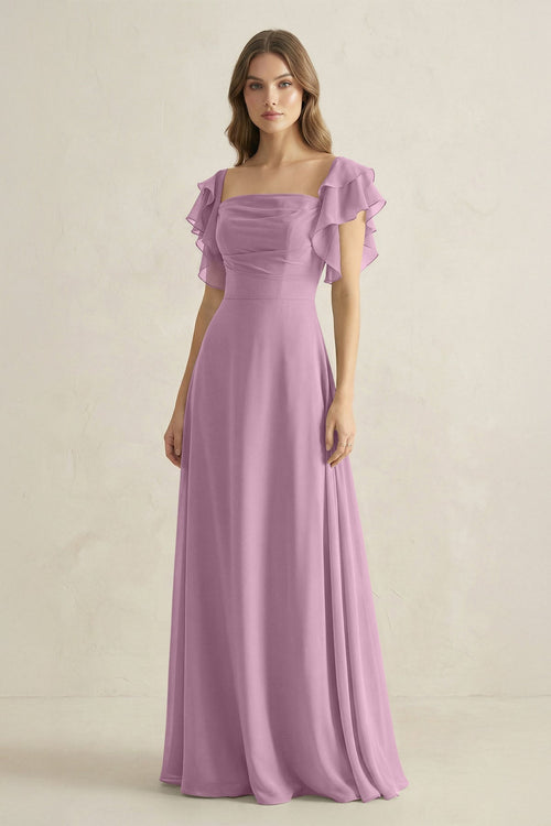 Ruffled Sleeves A-Line Chiffon Bridesmaid Dress in Wisteria - KissProm BRIDESMAID DRESSES