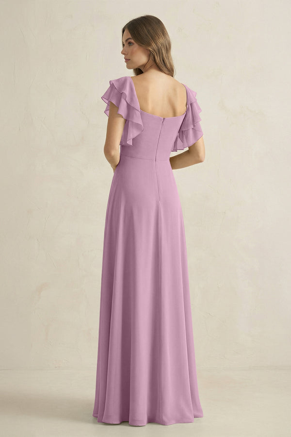 Ruffled Sleeves A-Line Chiffon Bridesmaid Dress in Wisteria - KissProm BRIDESMAID DRESSES