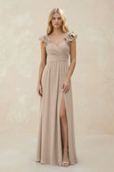 Ruffled Sleeves A - Line Chiffon Sweetheart Bridesmaid Dress in Almond - KissProm Bridesmaid Dresses
