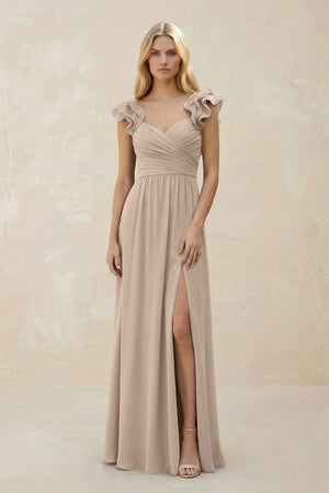 Ruffled Sleeves A - Line Chiffon Sweetheart Bridesmaid Dress in Almond - KissProm Bridesmaid Dresses