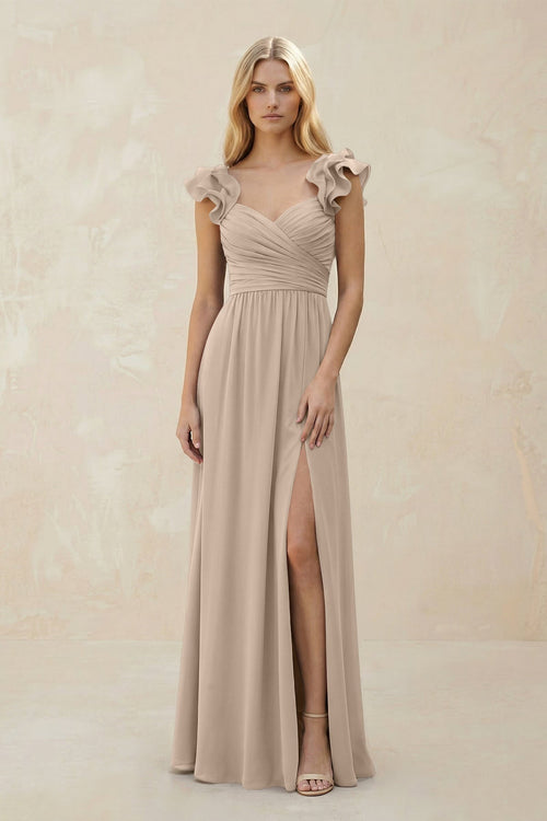 Ruffled Sleeves A - Line Chiffon Sweetheart Bridesmaid Dress in Almond - KissProm Bridesmaid Dresses