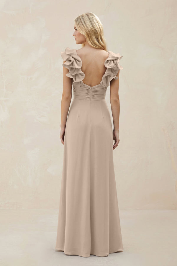 Ruffled Sleeves A - Line Chiffon Sweetheart Bridesmaid Dress in Almond - KissProm Bridesmaid Dresses
