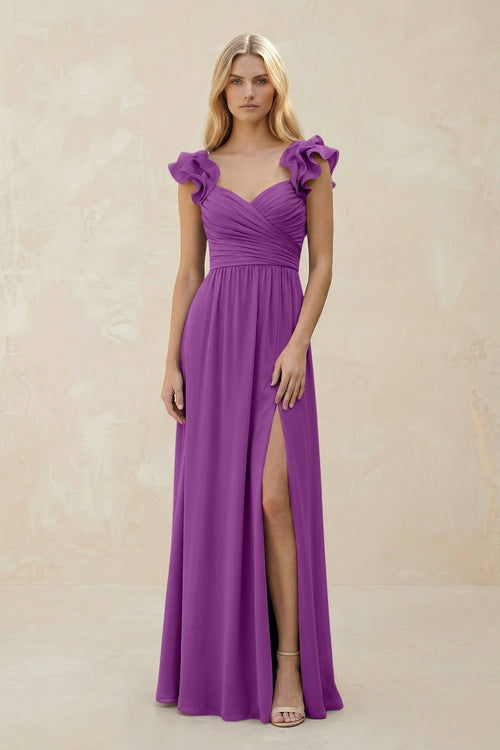 Ruffled Sleeves A - Line Chiffon Sweetheart Bridesmaid Dress in Amethyst - KissProm Bridesmaid Dresses