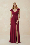 Ruffled Sleeves A - Line Chiffon Sweetheart Bridesmaid Dress in Berry - KissProm Bridesmaid Dresses