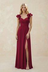 Ruffled Sleeves A - Line Chiffon Sweetheart Bridesmaid Dress in Berry - KissProm Bridesmaid Dresses
