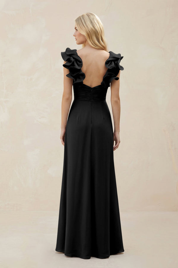 Ruffled Sleeves A - Line Chiffon Sweetheart Bridesmaid Dress in Black - KissProm Bridesmaid Dresses