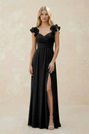 Ruffled Sleeves A - Line Chiffon Sweetheart Bridesmaid Dress in Black - KissProm Bridesmaid Dresses