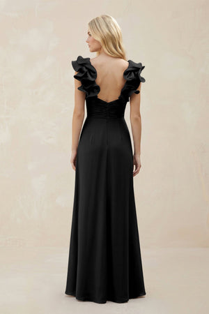 Ruffled Sleeves A - Line Chiffon Sweetheart Bridesmaid Dress in Black - KissProm Bridesmaid Dresses