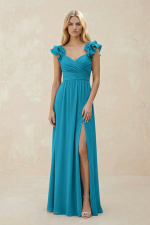 Ruffled Sleeves A - Line Chiffon Sweetheart Bridesmaid Dress in Blue Jay - KissProm Bridesmaid Dresses