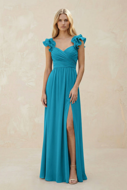 Ruffled Sleeves A - Line Chiffon Sweetheart Bridesmaid Dress in Blue Jay - KissProm Bridesmaid Dresses