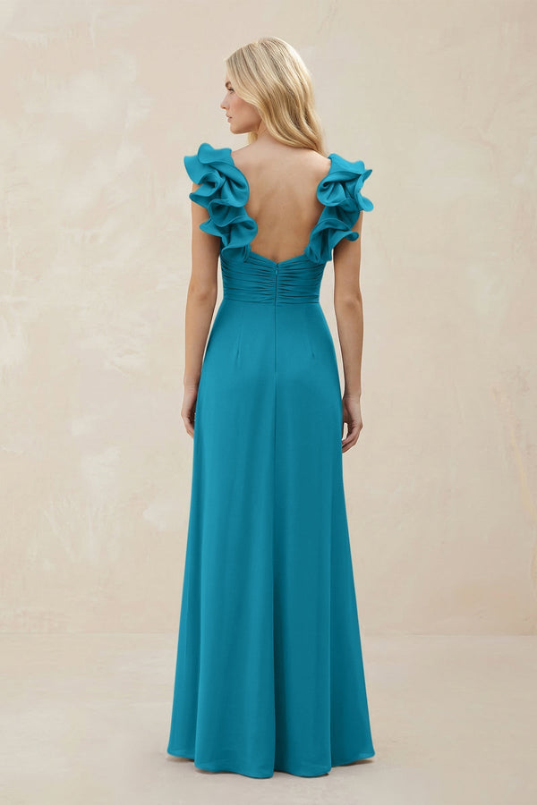 Ruffled Sleeves A - Line Chiffon Sweetheart Bridesmaid Dress in Blue Jay - KissProm Bridesmaid Dresses