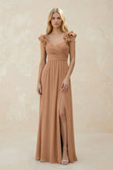 Ruffled Sleeves A - Line Chiffon Sweetheart Bridesmaid Dress in Bronzer - KissProm Bridesmaid Dresses