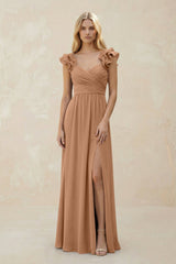 Ruffled Sleeves A - Line Chiffon Sweetheart Bridesmaid Dress in Bronzer - KissProm Bridesmaid Dresses