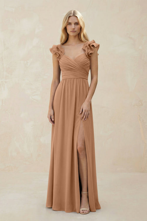 Ruffled Sleeves A - Line Chiffon Sweetheart Bridesmaid Dress in Bronzer - KissProm Bridesmaid Dresses