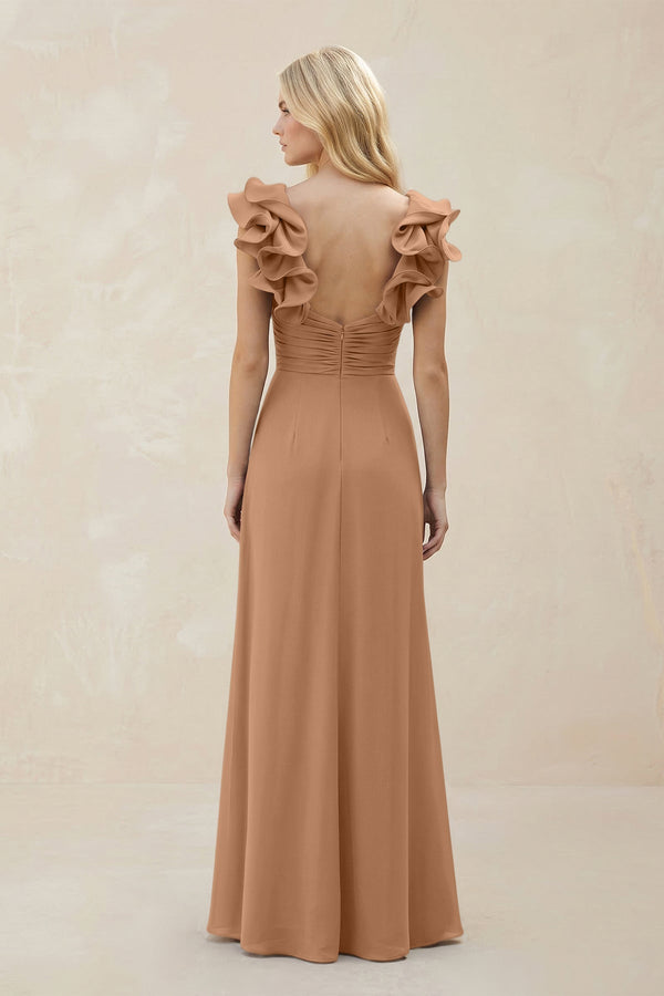 Ruffled Sleeves A - Line Chiffon Sweetheart Bridesmaid Dress in Bronzer - KissProm Bridesmaid Dresses