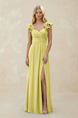 Ruffled Sleeves A - Line Chiffon Sweetheart Bridesmaid Dress in Buttercup - KissProm Bridesmaid Dresses