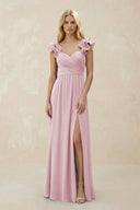 Ruffled Sleeves A - Line Chiffon Sweetheart Bridesmaid Dress in Candy Pink - KissProm Bridesmaid Dresses