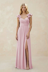 Ruffled Sleeves A - Line Chiffon Sweetheart Bridesmaid Dress in Candy Pink - KissProm Bridesmaid Dresses