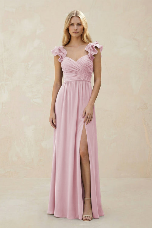Ruffled Sleeves A - Line Chiffon Sweetheart Bridesmaid Dress in Candy Pink - KissProm Bridesmaid Dresses