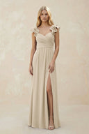 Ruffled Sleeves A - Line Chiffon Sweetheart Bridesmaid Dress in Champagne - KissProm Bridesmaid Dresses