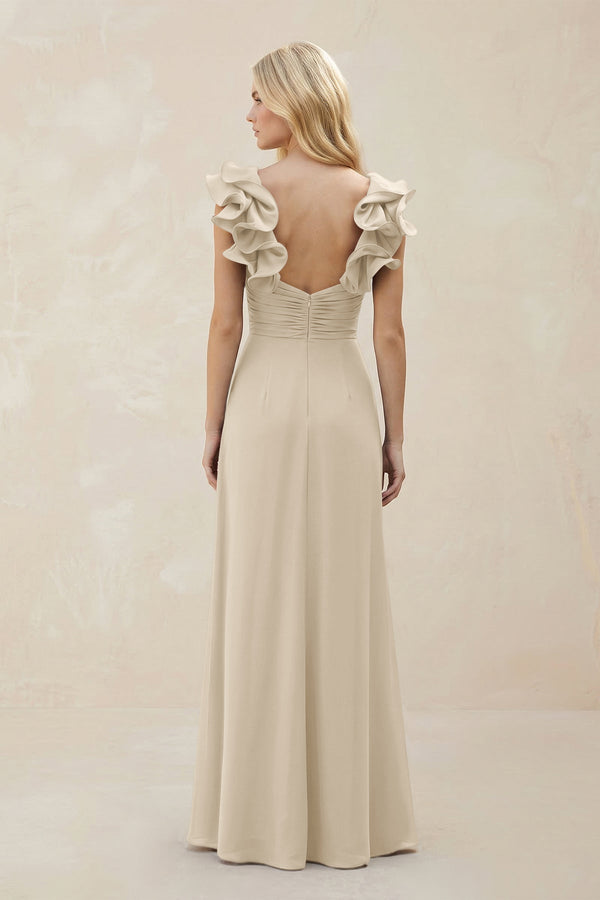 Ruffled Sleeves A - Line Chiffon Sweetheart Bridesmaid Dress in Champagne - KissProm Bridesmaid Dresses