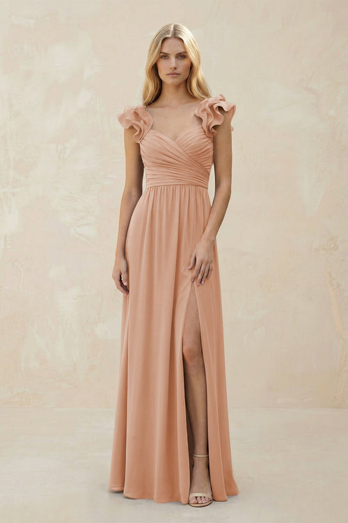 Ruffled Sleeves A - Line Chiffon Sweetheart Bridesmaid Dress in Champagne Rose - KissProm Bridesmaid Dresses
