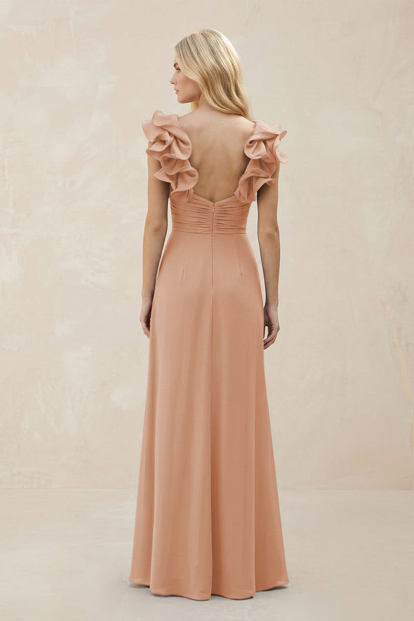 Ruffled Sleeves A - Line Chiffon Sweetheart Bridesmaid Dress in Champagne Rose - KissProm Bridesmaid Dresses
