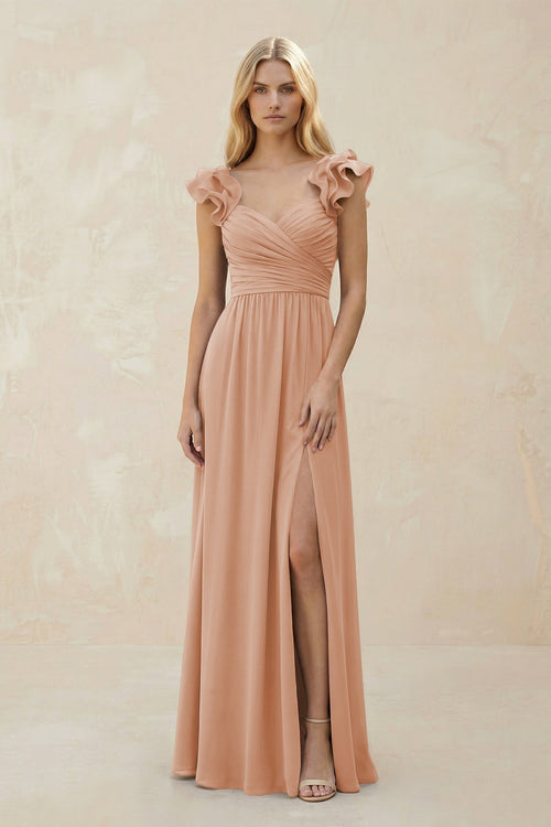 Ruffled Sleeves A - Line Chiffon Sweetheart Bridesmaid Dress in Champagne Rose - KissProm Bridesmaid Dresses
