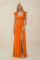 Ruffled Sleeves A - Line Chiffon Sweetheart Bridesmaid Dress in Cinnamon - KissProm Bridesmaid Dresses
