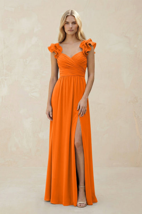 Ruffled Sleeves A - Line Chiffon Sweetheart Bridesmaid Dress in Cinnamon - KissProm Bridesmaid Dresses